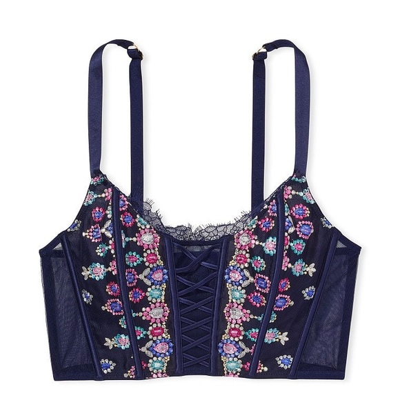 NWT Victoria’s Secret Unlined Lace-Up Corset Top Noir Navy Bejeweled - Picture 2 of 8